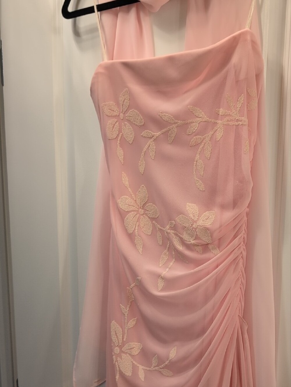 Mariposa Light Pink Strapless Floral Chiffon Evening Gown with Scarf - Picture 5 of 10
